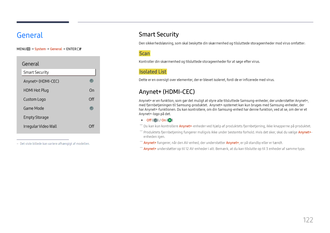 Samsung LH65QHHPLGC/EN, LH65QBHPLGC/EN, LH75QBHPLGC/EN, LH49DBJPLGC/EN manual General, 122, Smart Security, Anynet+ HDMI-CEC 