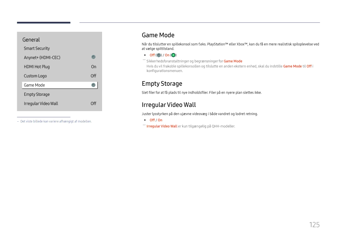 Samsung LH49QMHPLGC/EN, LH65QBHPLGC/EN, LH75QBHPLGC/EN, LH49DBJPLGC/EN 125, Game Mode, Empty Storage, Irregular Video Wall 