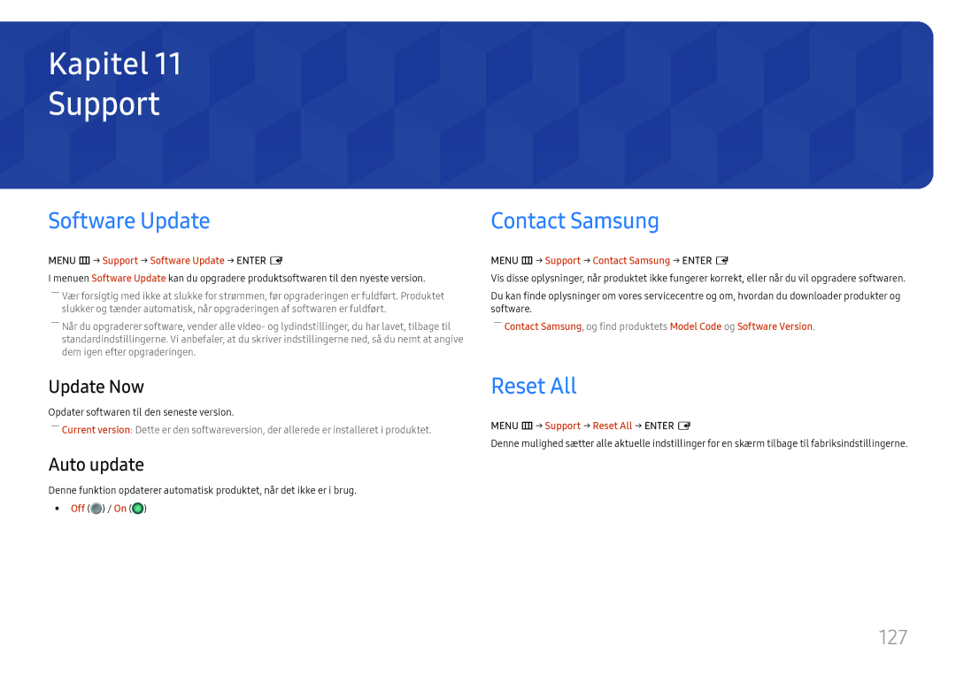 Samsung LH75QBHPLGC/EN, LH65QBHPLGC/EN, LH49DBJPLGC/EN manual Support, Software Update, Contact Samsung, Reset All, 127 