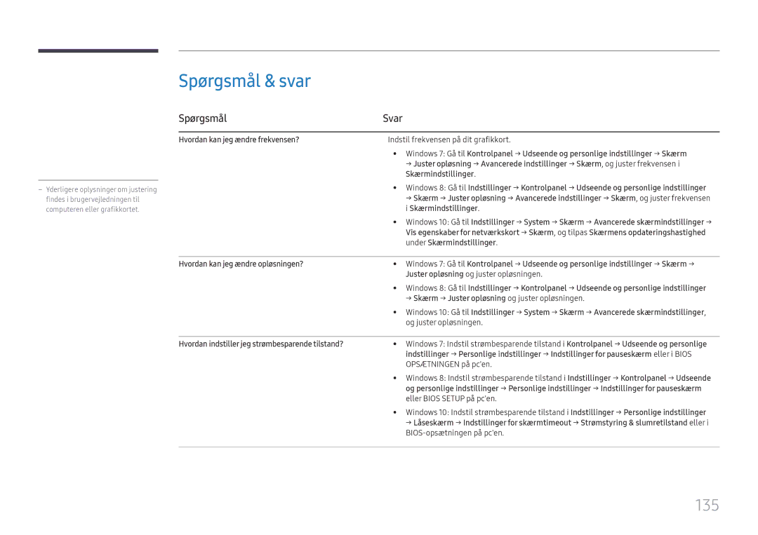 Samsung LH65QBHPLGC/EN manual Spørgsmål & svar, 135, Spørgsmål Svar, Hvordan indstiller jeg strømbesparende tilstand? 