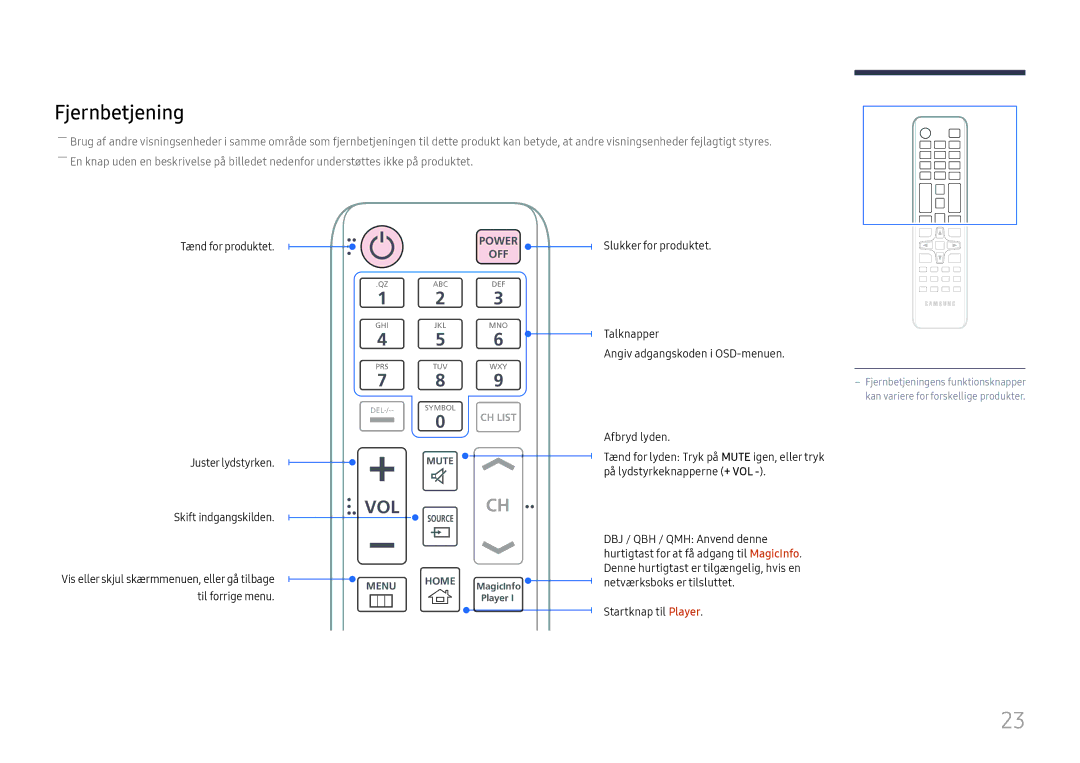 Samsung LH65QHHPLGC/EN, LH65QBHPLGC/EN, LH75QBHPLGC/EN, LH49DBJPLGC/EN, LH43DBJPLGC/EN, LH65QMHPLGC/EN Fjernbetjening, Vol 