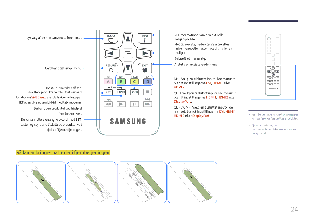 Samsung LH55QMHPLGC/EN manual Sådan anbringes batterier i fjernbetjeningen, Lynvalg af de mest anvendte funktioner 