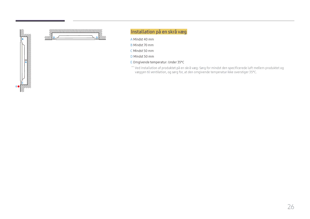 Samsung LH49QMHPLGC/EN, LH65QBHPLGC/EN, LH75QBHPLGC/EN, LH49DBJPLGC/EN, LH43DBJPLGC/EN manual Installation på en skrå væg 