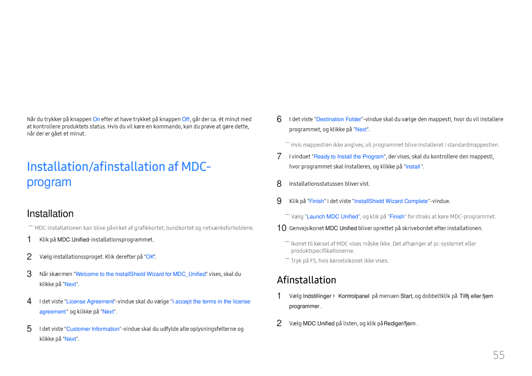 Samsung LH75QBHPLGC/EN manual Brug af MDC, Installation/afinstallation af MDC- program, Afinstallation, Programmer 