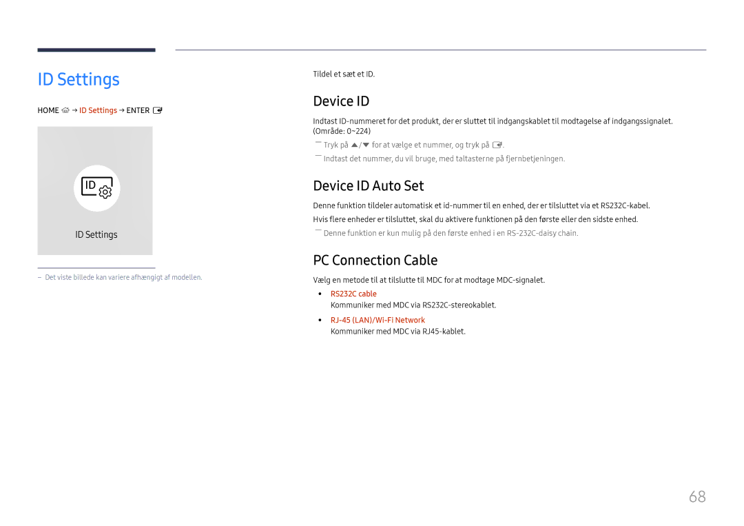 Samsung LH65QHHPLGC/EN, LH65QBHPLGC/EN, LH75QBHPLGC/EN manual ID Settings, Device ID Auto Set, PC Connection Cable 