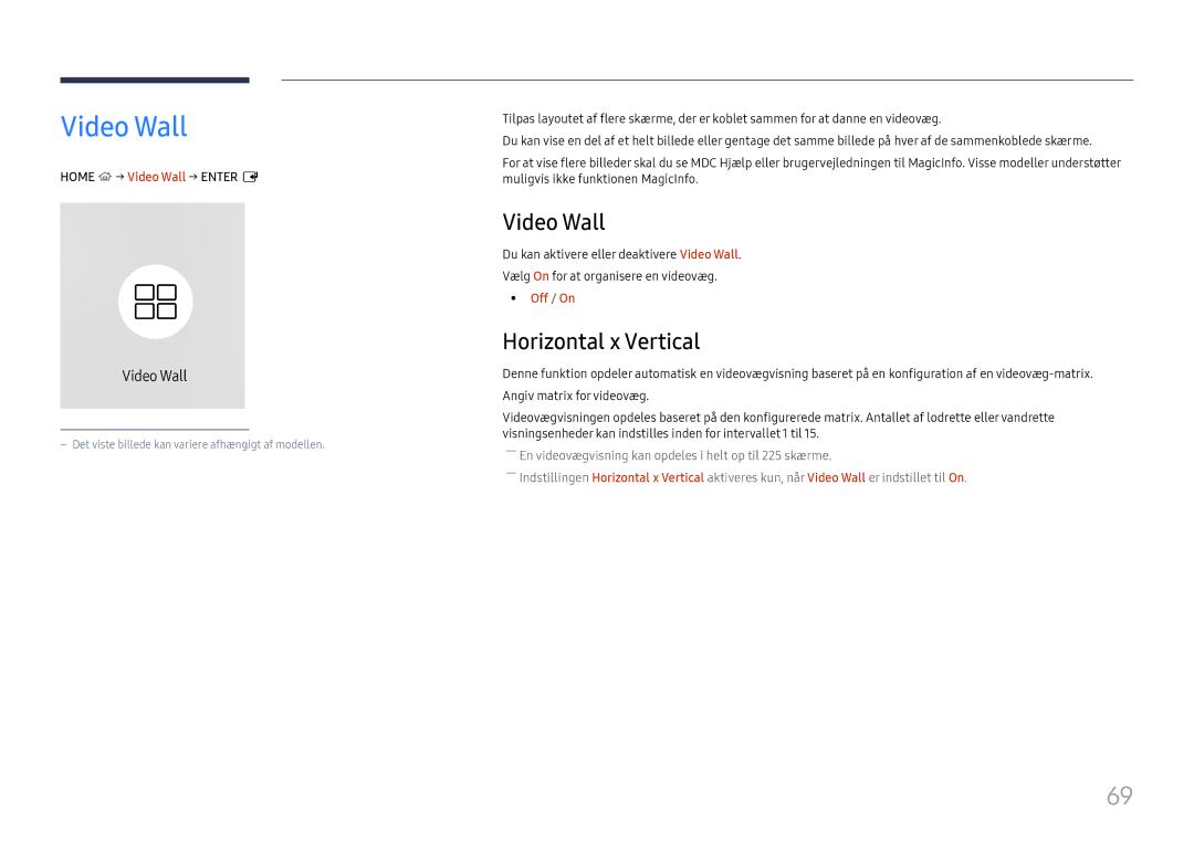 Samsung LH55QMHPLGC/EN, LH65QBHPLGC/EN, LH75QBHPLGC/EN, LH49DBJPLGC/EN manual Video Wall, Horizontal x Vertical, Off / On 