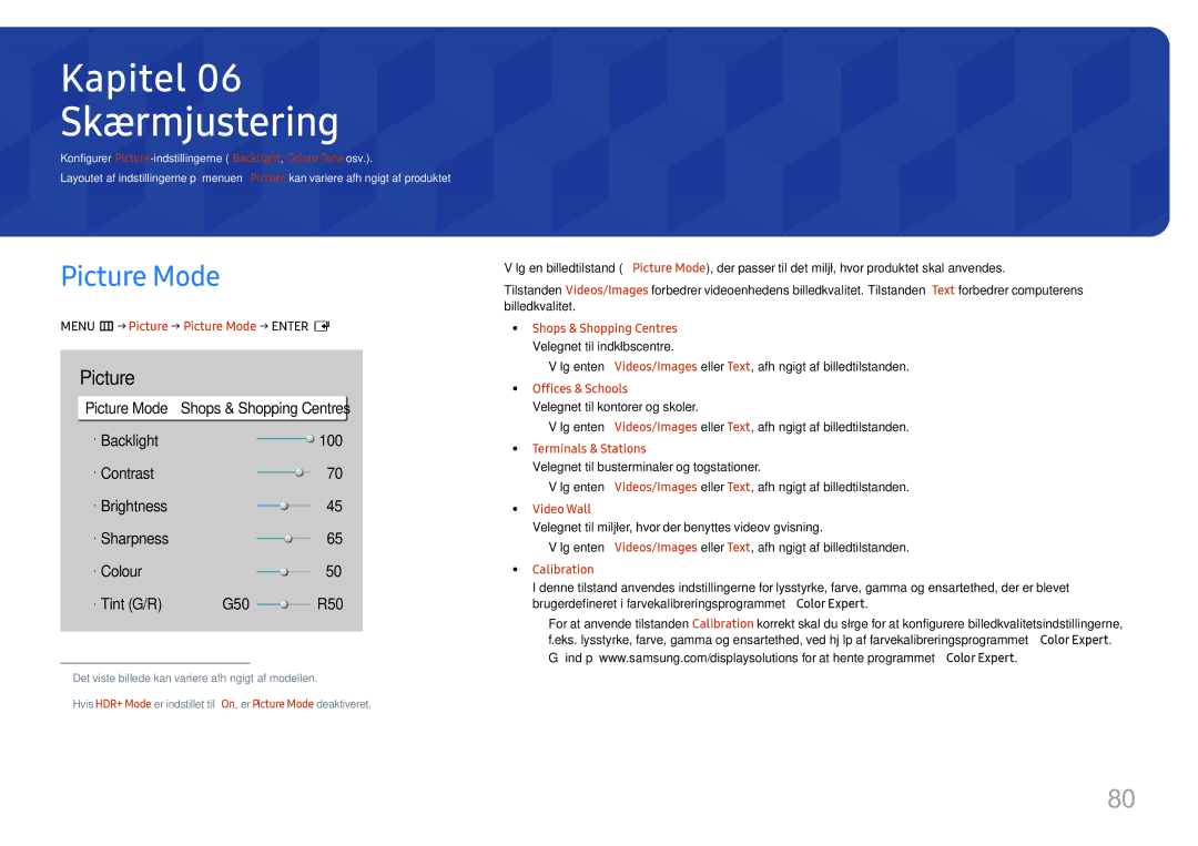 Samsung LH49QMHPLGC/EN, LH65QBHPLGC/EN, LH75QBHPLGC/EN manual Skærmjustering, Menu m→ Picture → Picture Mode → Enter E 