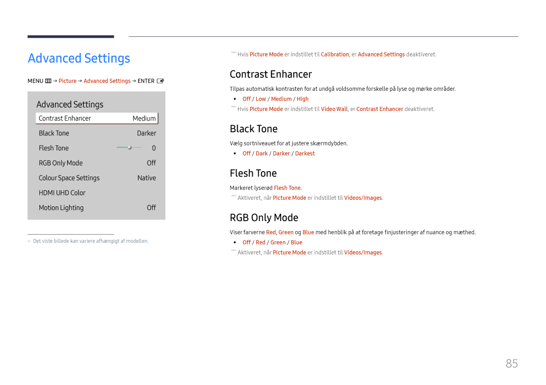 Samsung LH65QMHPLGC/EN, LH65QBHPLGC/EN manual Advanced Settings, Contrast Enhancer, Black Tone, Flesh Tone, RGB Only Mode 