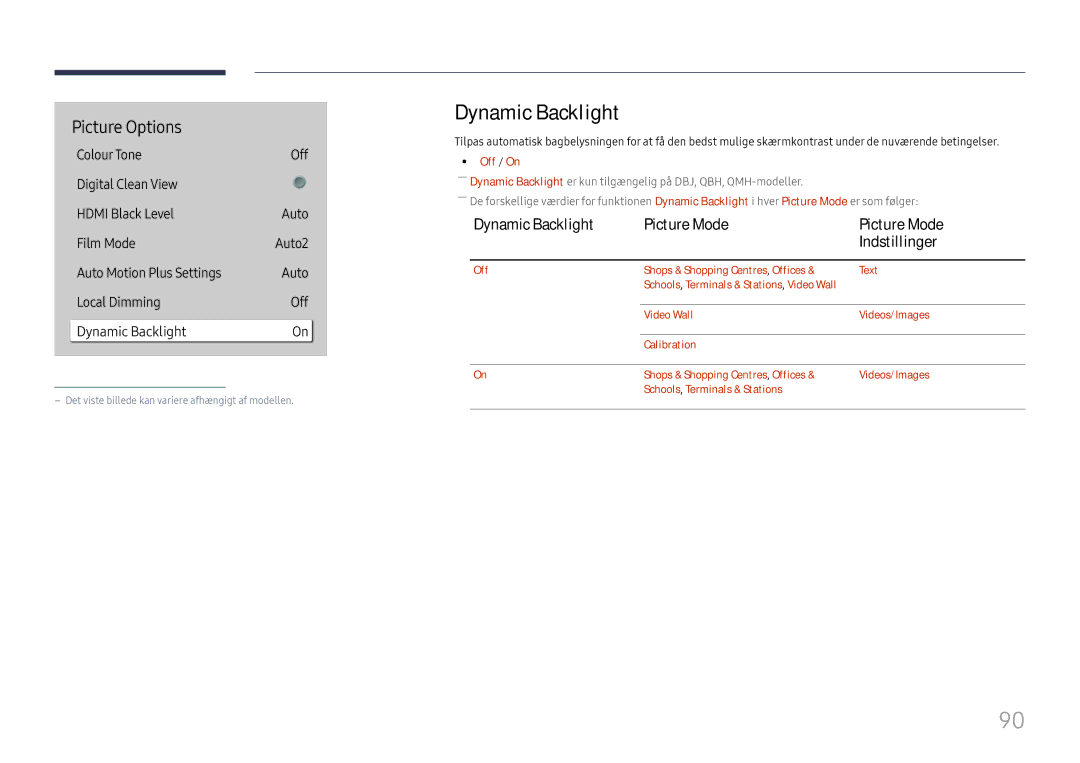 Samsung LH65QBHPLGC/EN, LH75QBHPLGC/EN, LH49DBJPLGC/EN, LH43DBJPLGC/EN manual Dynamic Backlight Picture Mode Indstillinger 