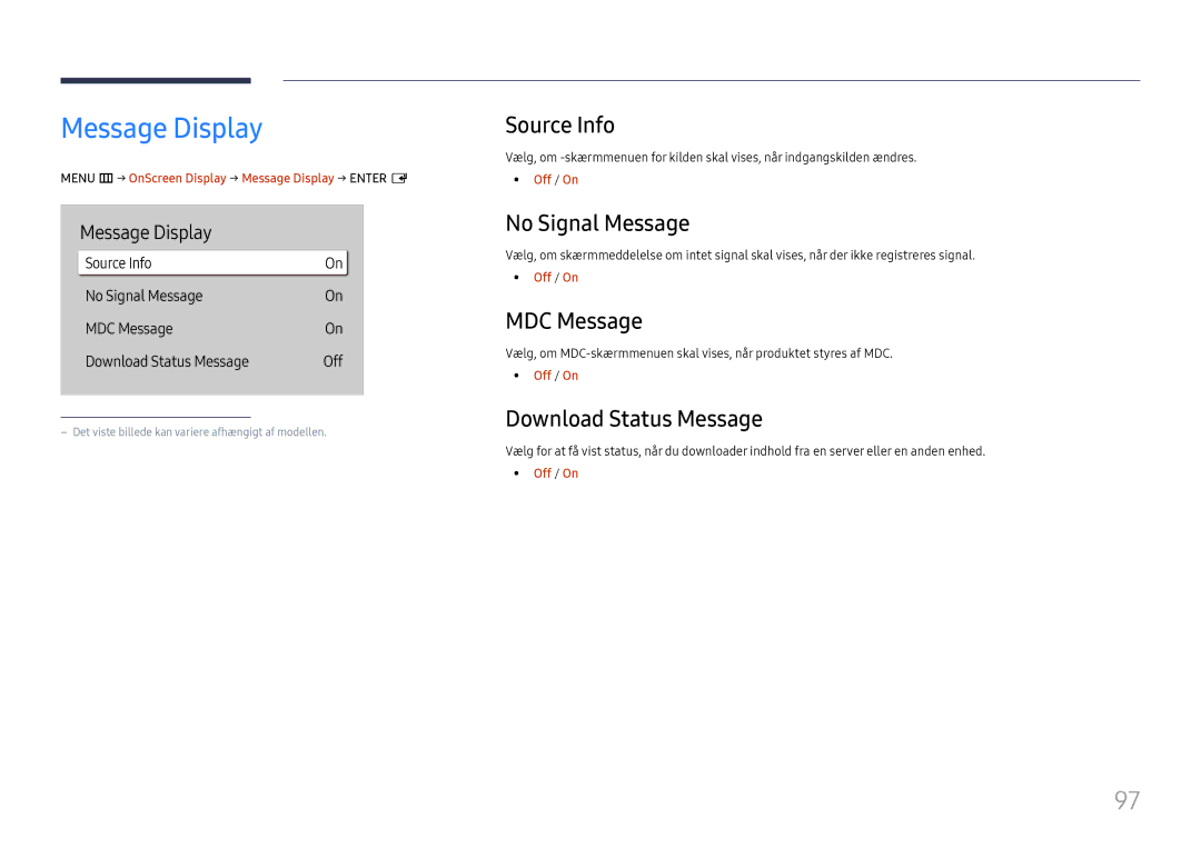 Samsung LH55QHHPLGC/EN manual Message Display, Source Info, No Signal Message, MDC Message, Download Status Message 