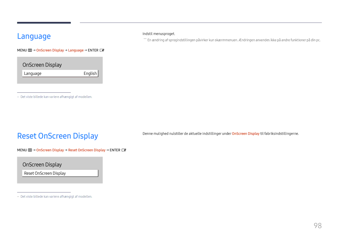 Samsung LH49QMHPLGC/EN, LH65QBHPLGC/EN, LH75QBHPLGC/EN, LH49DBJPLGC/EN manual Reset OnScreen Display, LanguageEnglish 