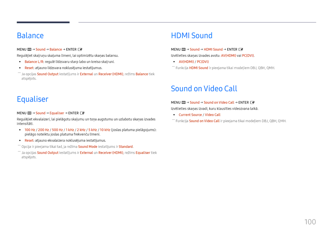 Samsung LH65QMHPLGC/EN, LH65QBHPLGC/EN, LH75QBHPLGC/EN manual Balance, Equaliser, Hdmi Sound, Sound on Video Call, 100 