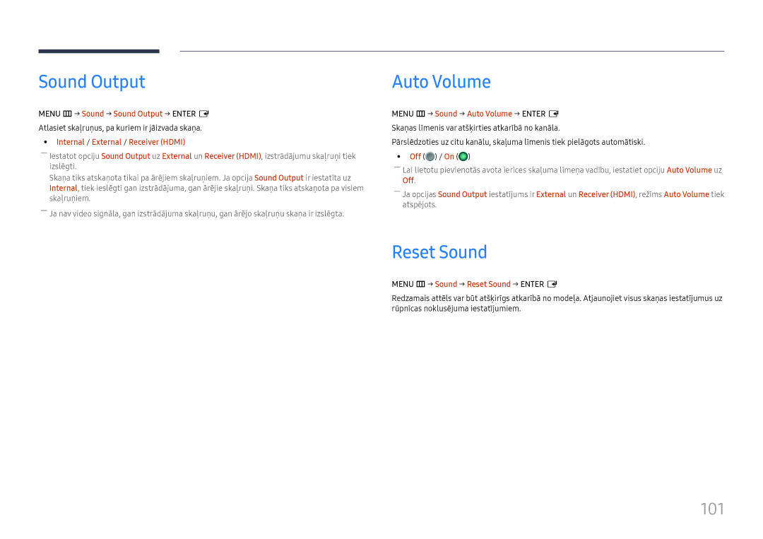 Samsung LH65QHHPLGC/EN, LH65QBHPLGC/EN, LH75QBHPLGC/EN, LH49DBJPLGC/EN manual Sound Output, Auto Volume, Reset Sound, 101 