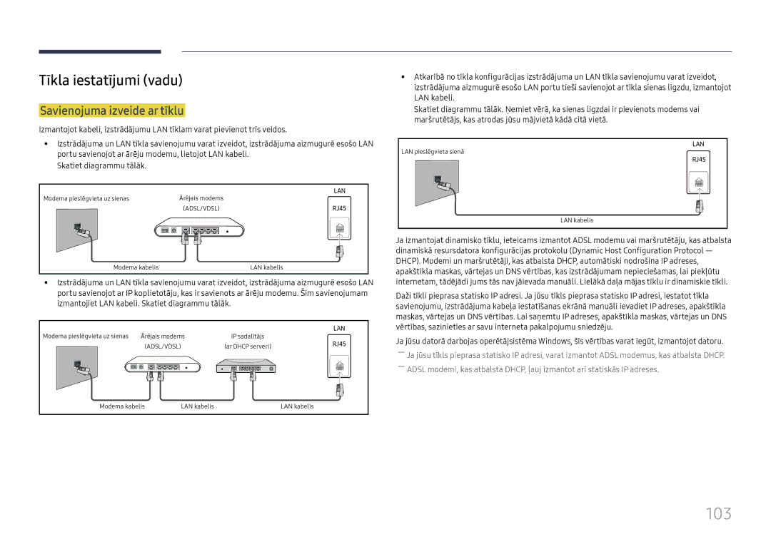 Samsung LH49QMHPLGC/EN, LH65QBHPLGC/EN, LH75QBHPLGC/EN manual 103, Tīkla iestatījumi vadu, Savienojuma izveide ar tīklu 