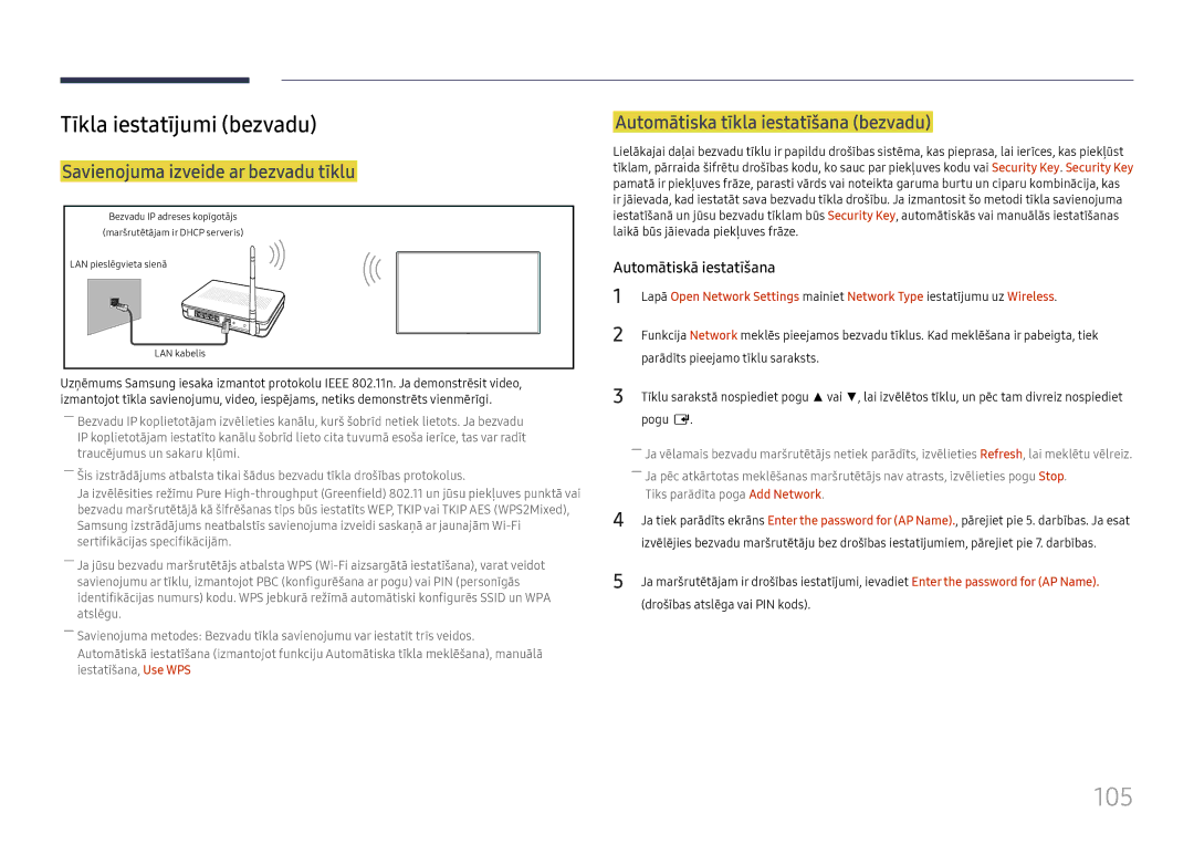 Samsung LH75QBHPLGC/EN, LH65QBHPLGC/EN, LH49DBJPLGC/EN 105, Tīkla iestatījumi bezvadu, Savienojuma izveide ar bezvadu tīklu 