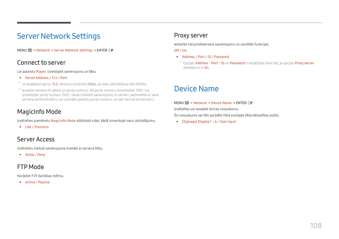 Samsung LH65QMHPLGC/EN, LH65QBHPLGC/EN, LH75QBHPLGC/EN, LH49DBJPLGC/EN manual Server Network Settings, Device Name, 108 