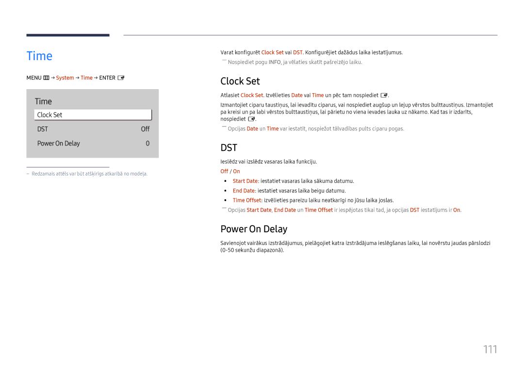 Samsung LH49QMHPLGC/EN, LH65QBHPLGC/EN, LH75QBHPLGC/EN, LH49DBJPLGC/EN, LH43DBJPLGC/EN Time, 111, Clock Set, Power On Delay 