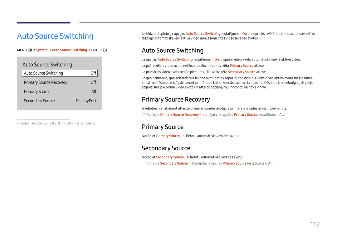 Samsung LH65QBHPLGC/EN, LH75QBHPLGC/EN, LH49DBJPLGC/EN, LH43DBJPLGC/EN, LH65QMHPLGC/EN manual Auto Source Switching, 112 