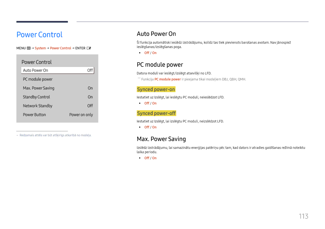 Samsung LH75QBHPLGC/EN, LH65QBHPLGC/EN manual Power Control, 113, Auto Power On, PC module power, Max. Power Saving 