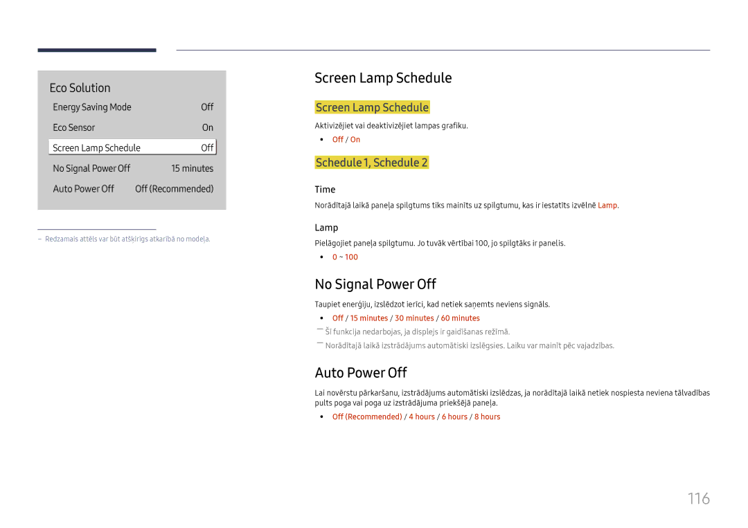 Samsung LH65QMHPLGC/EN, LH65QBHPLGC/EN, LH75QBHPLGC/EN manual 116, Screen Lamp Schedule, No Signal Power Off, Auto Power Off 