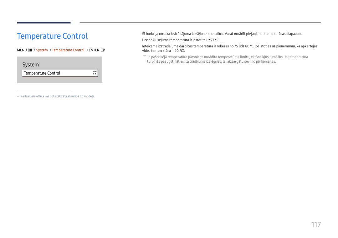 Samsung LH65QHHPLGC/EN, LH65QBHPLGC/EN, LH75QBHPLGC/EN manual 117, Menu m→ System → Temperature Control → Enter E 