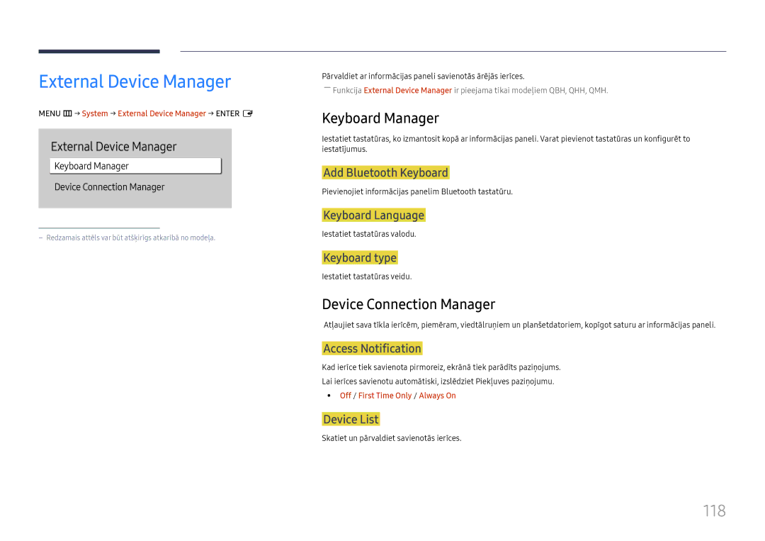 Samsung LH55QMHPLGC/EN, LH65QBHPLGC/EN manual External Device Manager, 118, Keyboard Manager, Device Connection Manager 