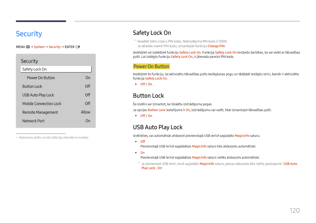 Samsung LH65QBHPLGC/EN, LH75QBHPLGC/EN, LH49DBJPLGC/EN manual Security, 120, Safety Lock On, Button Lock, USB Auto Play Lock 