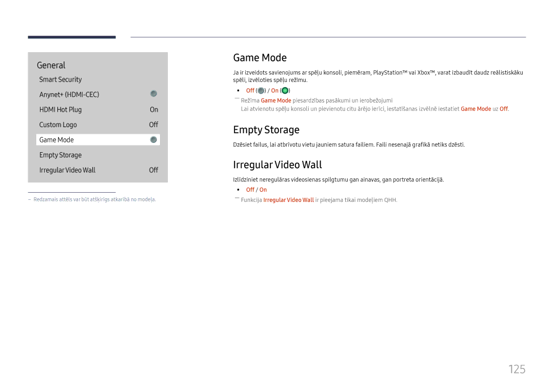 Samsung LH65QHHPLGC/EN, LH65QBHPLGC/EN, LH75QBHPLGC/EN, LH49DBJPLGC/EN 125, Game Mode, Empty Storage, Irregular Video Wall 