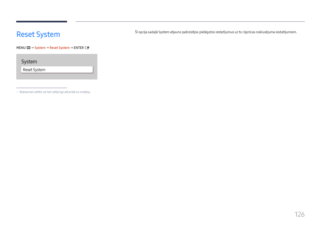 Samsung LH55QMHPLGC/EN, LH65QBHPLGC/EN, LH75QBHPLGC/EN, LH49DBJPLGC/EN manual 126, Menu m→ System → Reset System → Enter E 