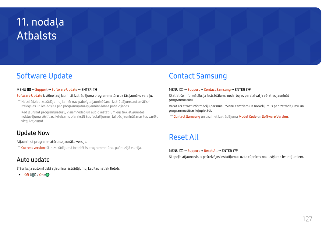 Samsung LH49QMHPLGC/EN, LH65QBHPLGC/EN, LH75QBHPLGC/EN manual Atbalsts, Software Update, Contact Samsung, Reset All, 127 