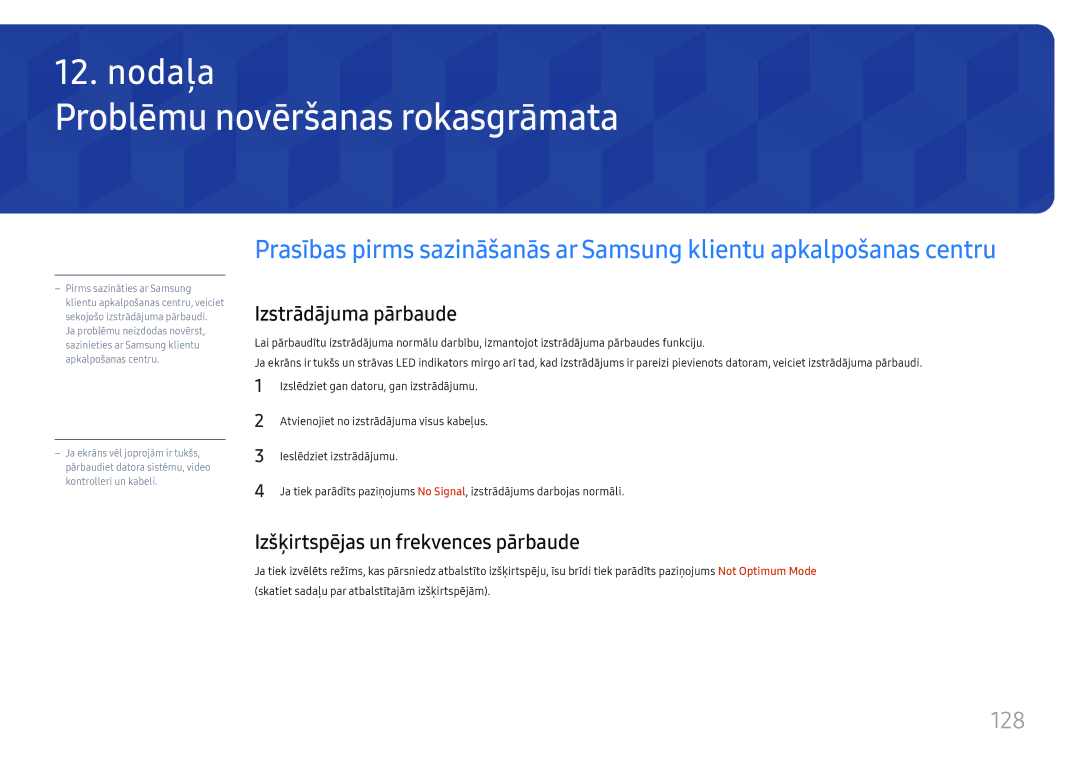 Samsung LH65QBHPLGC/EN Problēmu novēršanas rokasgrāmata, 128, Izstrādājuma pārbaude, Izšķirtspējas un frekvences pārbaude 