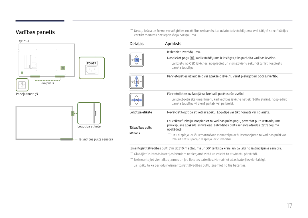 Samsung LH75QBHPLGC/EN manual Skaļrunis Paneļa taustiņš, Ieslēdziet izstrādājumu, Logotipa etiķete Tālvadības pults sensors 