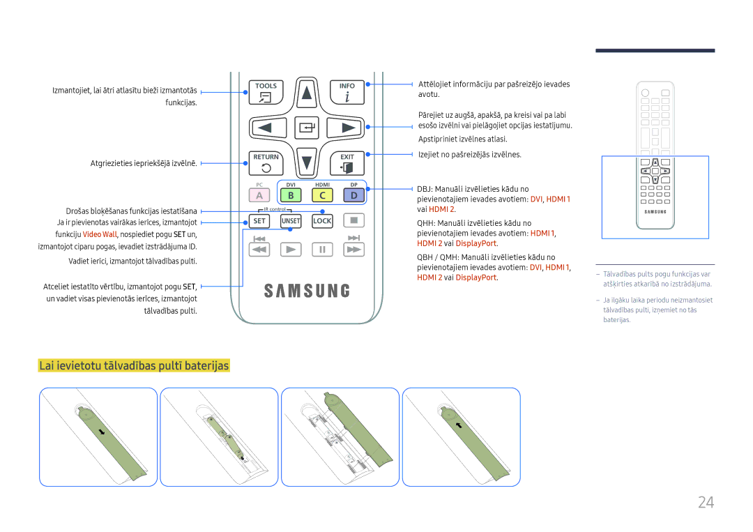 Samsung LH65QBHPLGC/EN, LH75QBHPLGC/EN, LH49DBJPLGC/EN, LH43DBJPLGC/EN Lai ievietotu tālvadības pultī baterijas, Funkcijas 