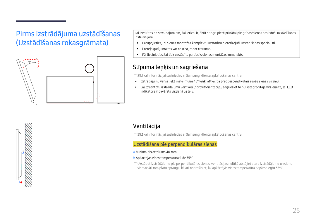 Samsung LH75QBHPLGC/EN, LH65QBHPLGC/EN Slīpuma leņķis un sagriešana, Ventilācija, Uzstādīšana pie perpendikulāras sienas 