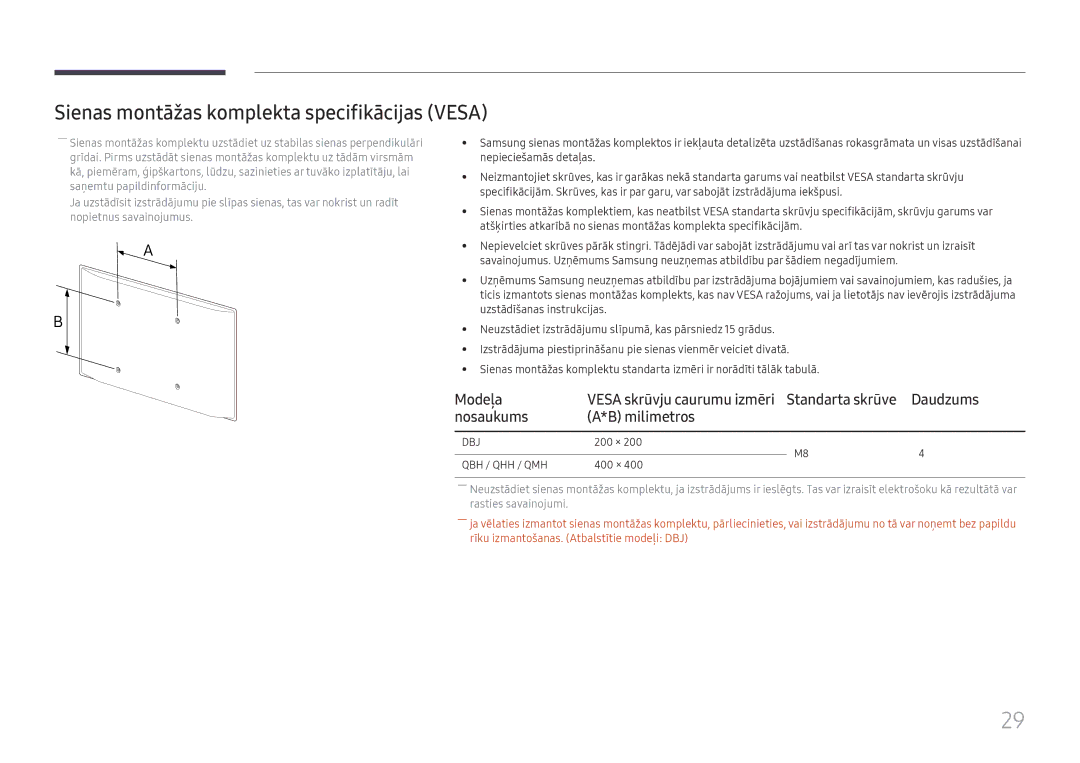 Samsung LH65QHHPLGC/EN, LH65QBHPLGC/EN manual Sienas montāžas komplekta specifikācijas Vesa, Modeļa, Nosaukums Milimetros 