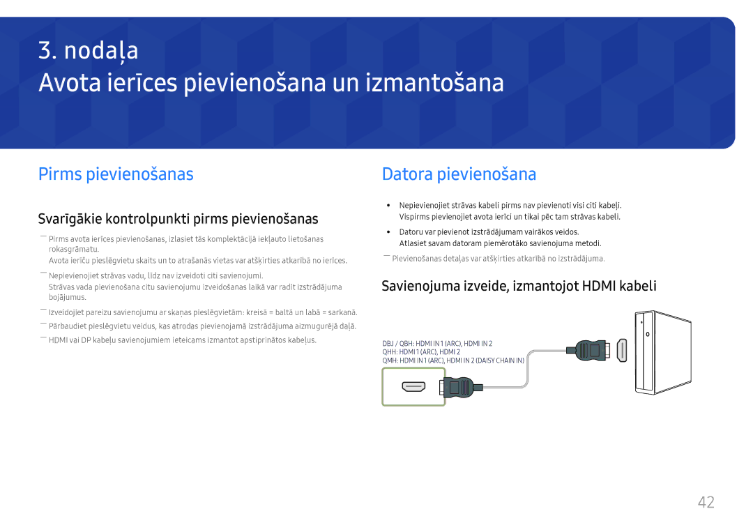 Samsung LH49DBJPLGC/EN, LH65QBHPLGC/EN Avota ierīces pievienošana un izmantošana, Pirms pievienošanas, Datora pievienošana 