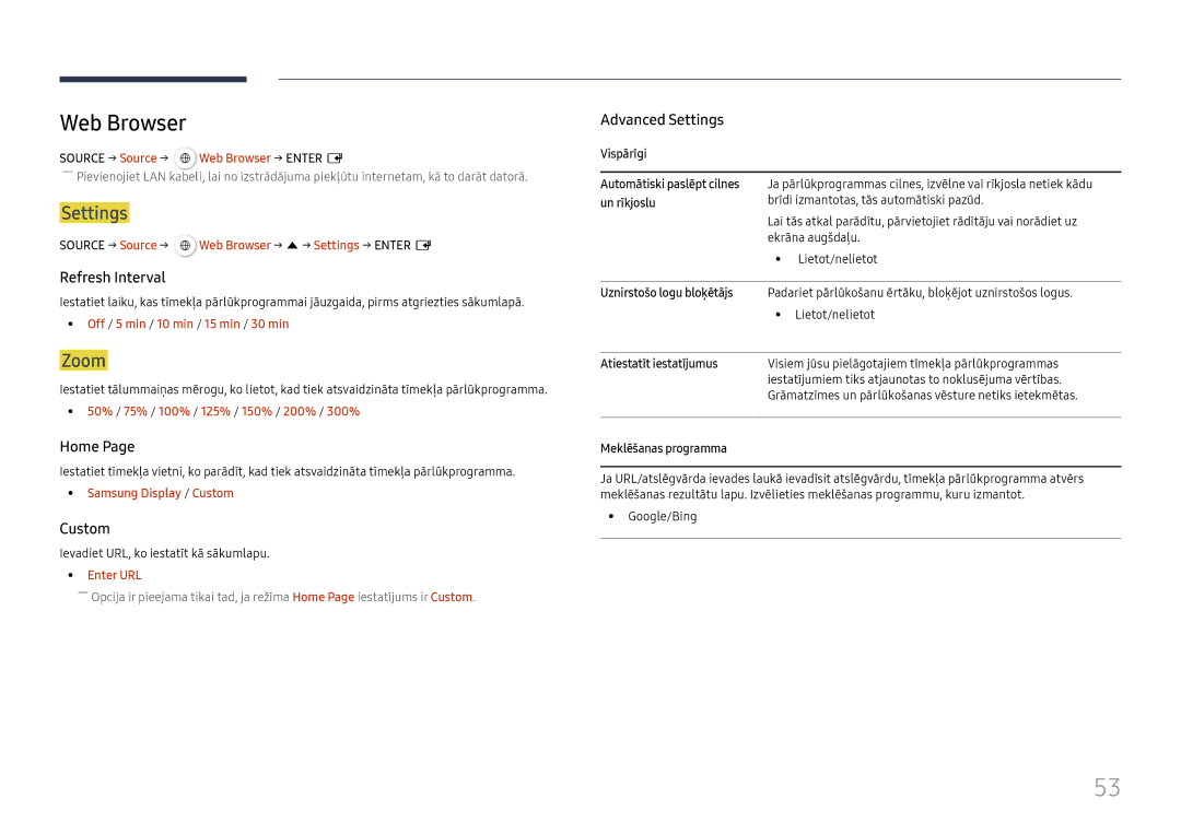 Samsung LH65QHHPLGC/EN, LH65QBHPLGC/EN, LH75QBHPLGC/EN, LH49DBJPLGC/EN, LH43DBJPLGC/EN manual Web Browser, Settings, Zoom 