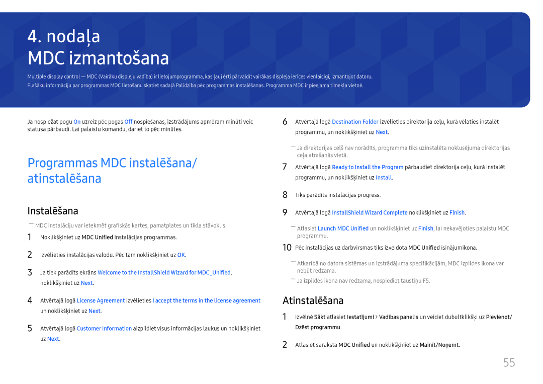 Samsung LH49QMHPLGC/EN, LH65QBHPLGC/EN manual MDC izmantošana, Programmas MDC instalēšana/ atinstalēšana, Atinstalēšana 