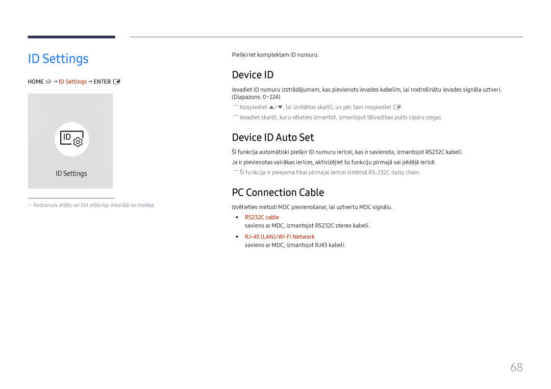 Samsung LH65QMHPLGC/EN, LH65QBHPLGC/EN, LH75QBHPLGC/EN manual ID Settings, Device ID Auto Set, PC Connection Cable 