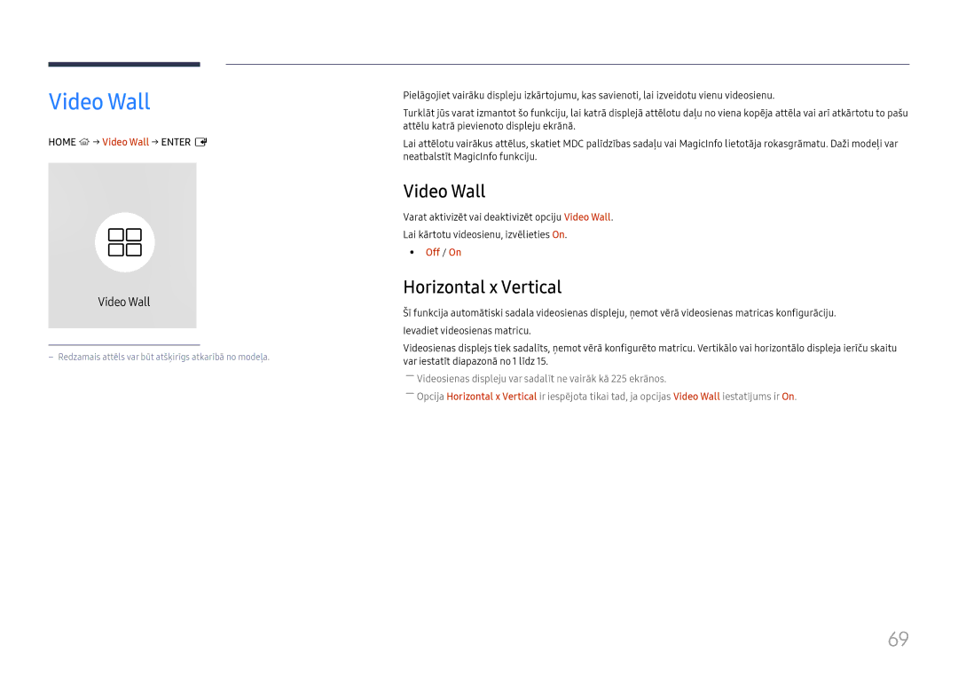 Samsung LH65QHHPLGC/EN, LH65QBHPLGC/EN, LH75QBHPLGC/EN, LH49DBJPLGC/EN manual Video Wall, Horizontal x Vertical, Off / On 