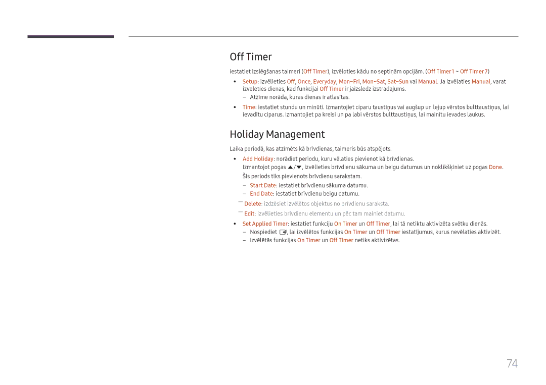 Samsung LH49DBJPLGC/EN, LH65QBHPLGC/EN, LH75QBHPLGC/EN, LH43DBJPLGC/EN, LH65QMHPLGC/EN manual Off Timer, Holiday Management 