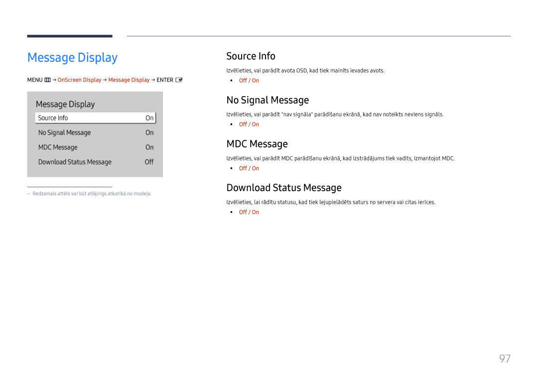 Samsung LH75QBHPLGC/EN manual Message Display, Source Info, No Signal Message, MDC Message, Download Status Message 