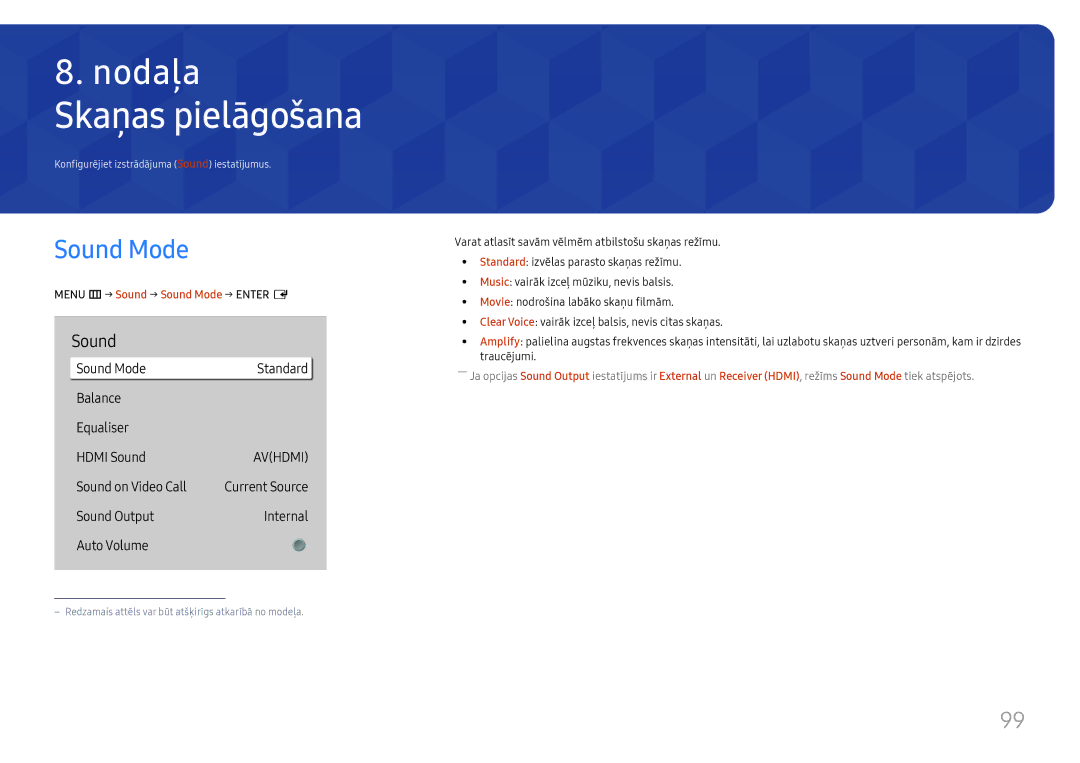 Samsung LH43DBJPLGC/EN, LH65QBHPLGC/EN, LH75QBHPLGC/EN, LH49DBJPLGC/EN, LH65QMHPLGC/EN manual Skaņas pielāgošana, Sound Mode 