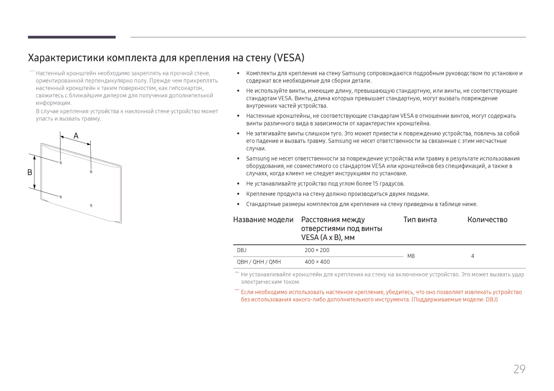 Samsung LH65QHHPLGC/EN Характеристики комплекта для крепления на стену Vesa, Название модели Расстояния между Тип винта 