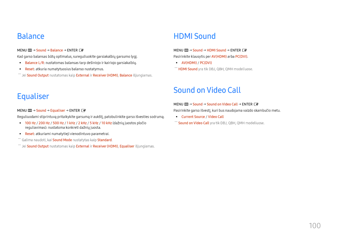 Samsung LH65QMHPLGC/EN, LH65QBHPLGC/EN, LH75QBHPLGC/EN manual Balance Hdmi Sound, Equaliser, Sound on Video Call, 100 