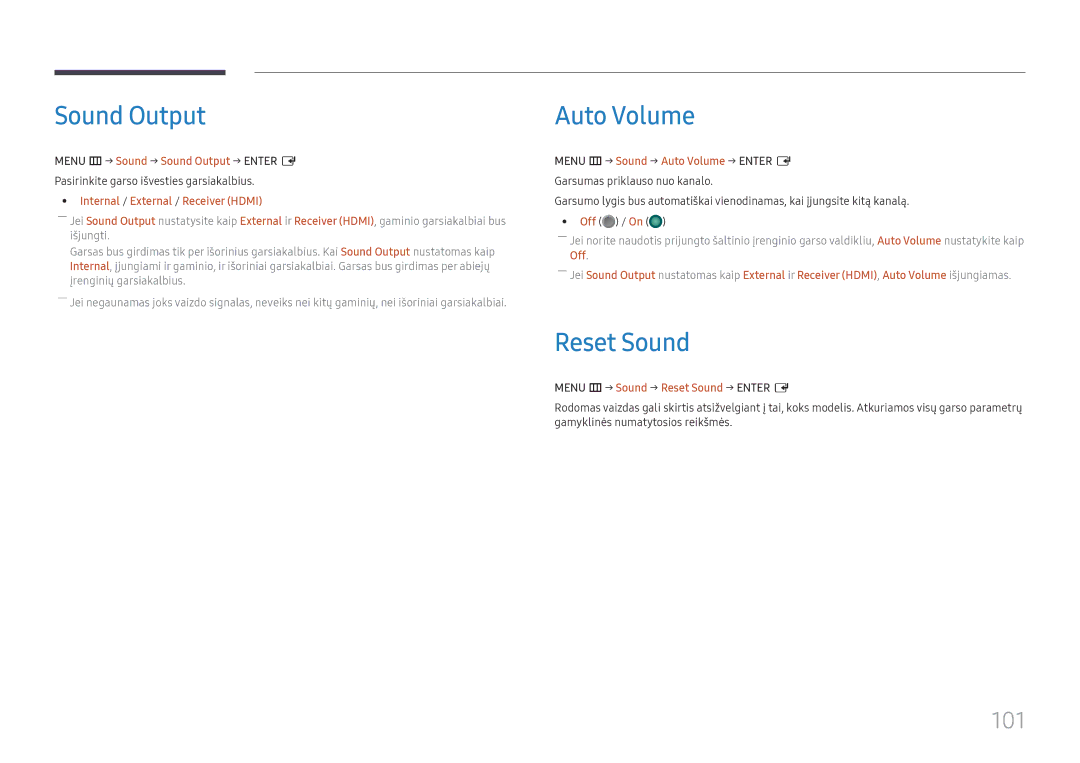 Samsung LH65QHHPLGC/EN, LH65QBHPLGC/EN, LH75QBHPLGC/EN, LH49DBJPLGC/EN manual Sound Output, Auto Volume, Reset Sound, 101 