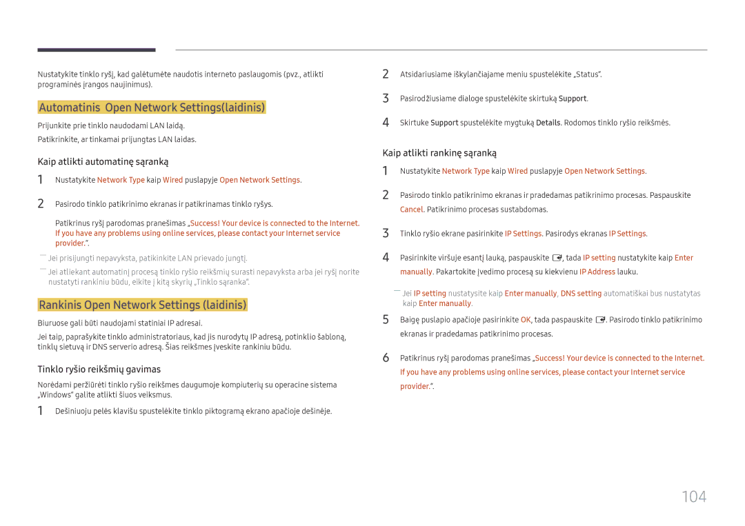 Samsung LH65QBHPLGC/EN manual 104, Automatinis Open Network Settingslaidinis, Rankinis Open Network Settings laidinis 