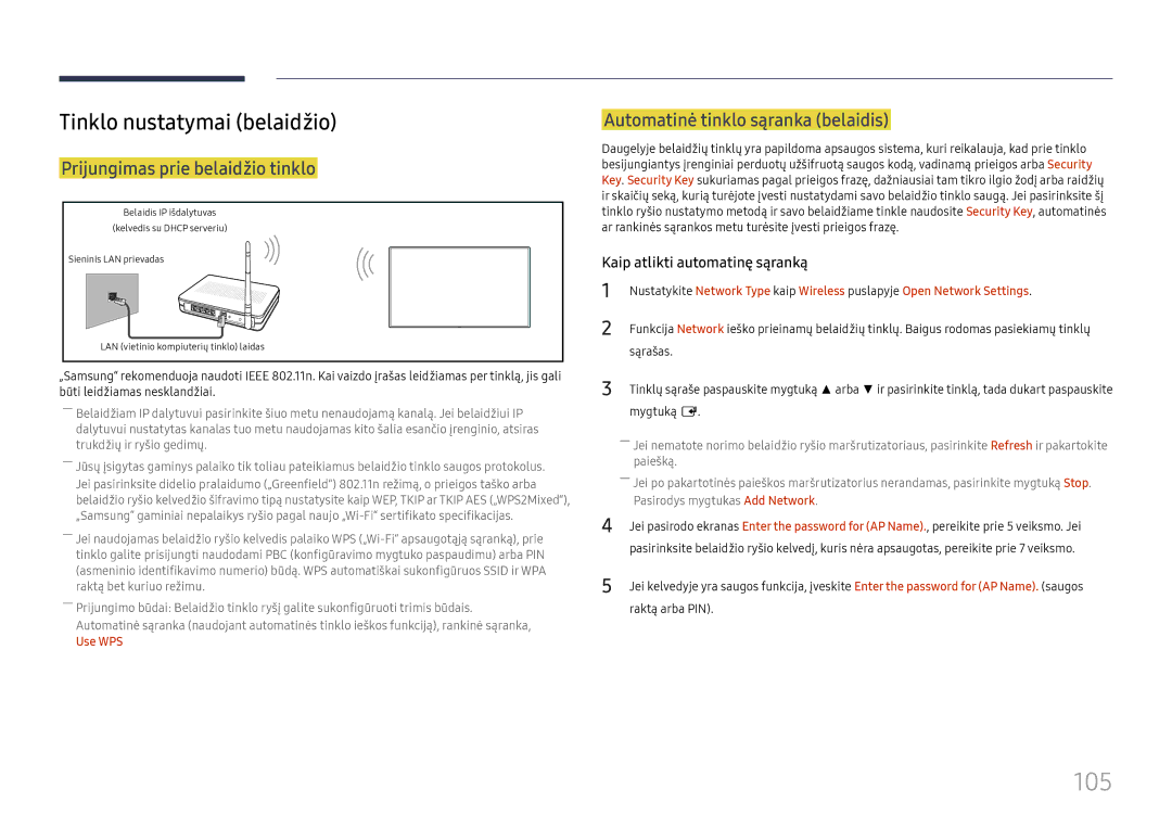 Samsung LH75QBHPLGC/EN, LH65QBHPLGC/EN manual 105, Tinklo nustatymai belaidžio, Prijungimas prie belaidžio tinklo, Use WPS 