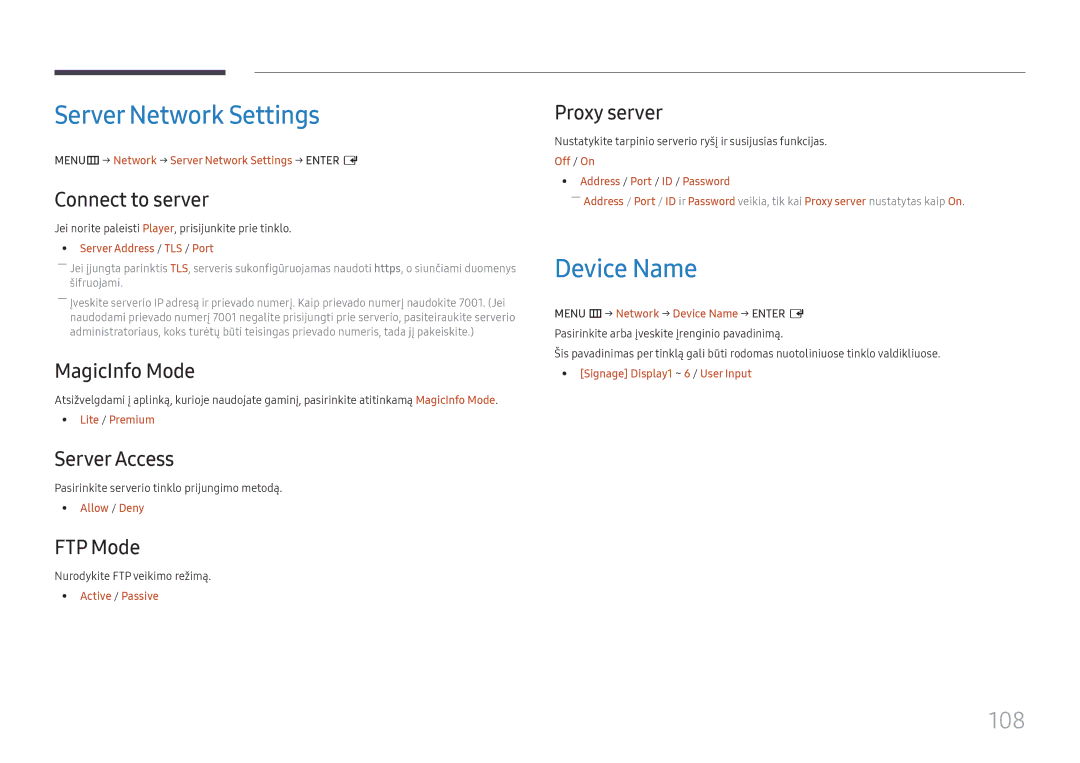 Samsung LH65QMHPLGC/EN, LH65QBHPLGC/EN, LH75QBHPLGC/EN, LH49DBJPLGC/EN manual Server Network Settings, Device Name, 108 