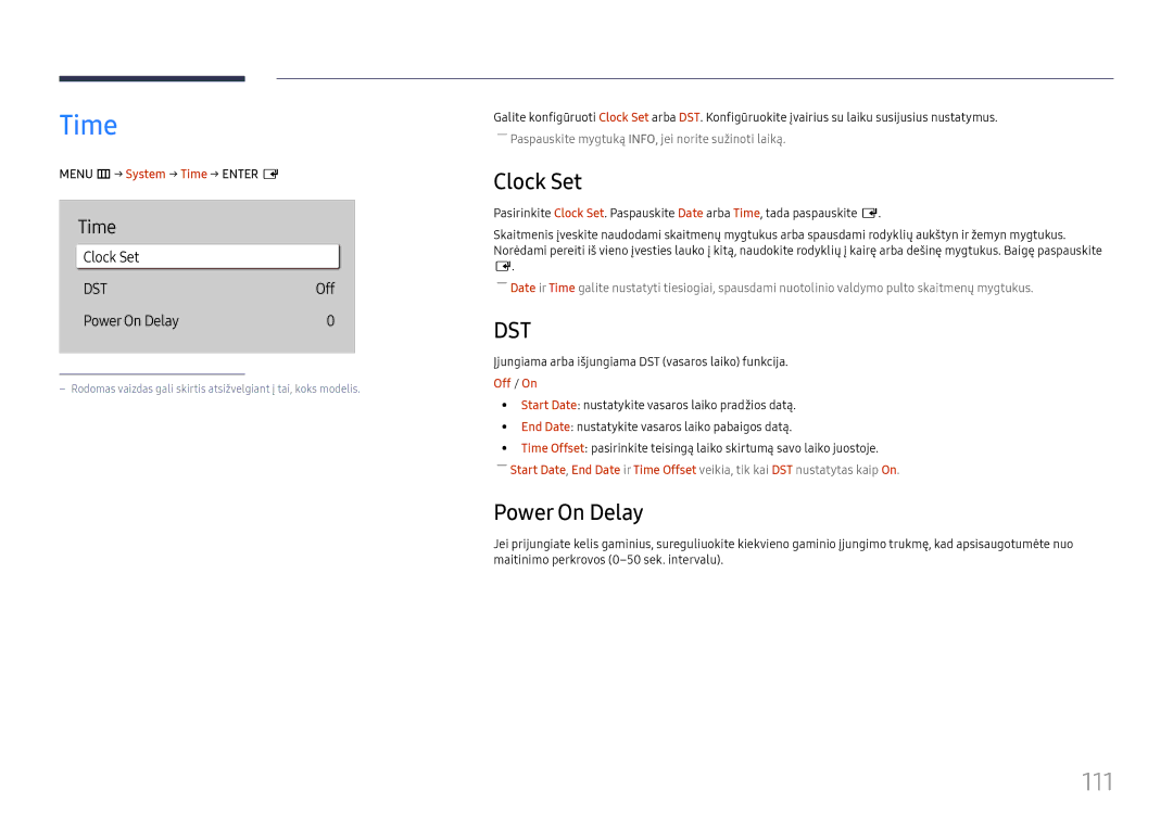 Samsung LH49QMHPLGC/EN, LH65QBHPLGC/EN, LH75QBHPLGC/EN, LH49DBJPLGC/EN, LH43DBJPLGC/EN Time, 111, Clock Set, Power On Delay 